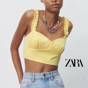NWT Zara Gingham Crop Top Ruffle Strap Smocked